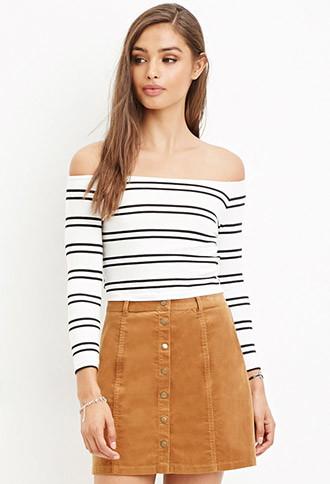 Forever21 Women's  Striped Off-the-shoulder Crop Top (cream/black)