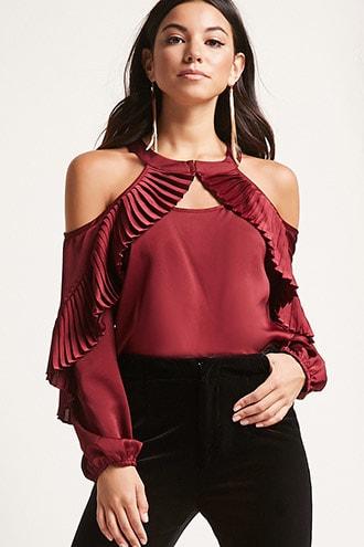 Forever21 Pleated Open-shoulder Satin Top