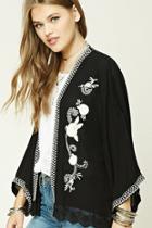 Forever21 Women's  Black & Cream Embroidered Floral Lace Kimono