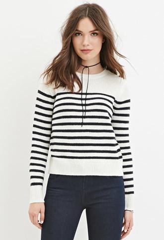 Forever21 Women's  Cream & Navy Classic Striped Sweater