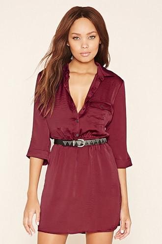 Forever21 Women's  Wine Button-front Shirt Dress