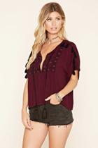 Forever21 Women's  Floral Embroidered Peasant Top