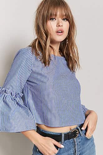 Forever21 Stripe Bell-sleeve Ruffle-trim Top