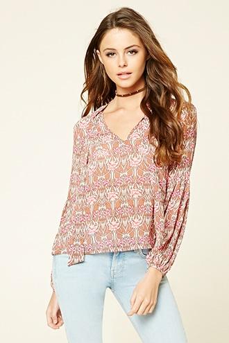 Forever21 Women's  Coffee & Peach Semi-sheer Floral Blouse