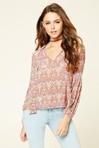 Forever21 Women's  Coffee & Peach Semi-sheer Floral Blouse