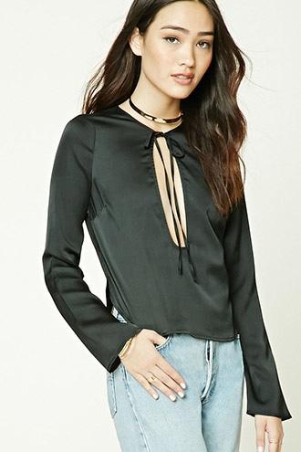 Forever21 Women's  Black Satin Tie-neck Cutout Top