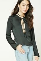 Forever21 Women's  Black Satin Tie-neck Cutout Top