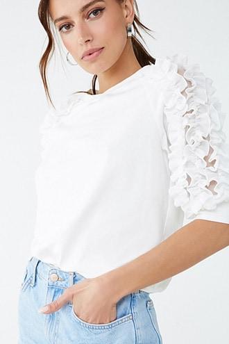 Forever21 Mesh-insert Ruffle-trim Top