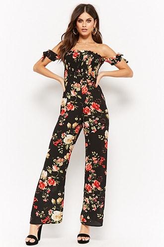 Forever21 Crepe Floral Smocked Off-the-shoulder Jumpsuit