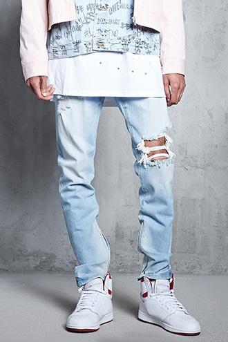 Forever21 Distressed Slim Ankle-zip Jeans
