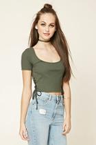 Forever21 Women's  Olive Ribbed Lace-up Side Top