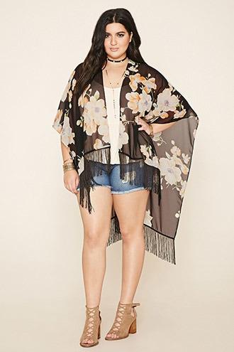 Forever21 Plus Women's  Plus Size Floral Fringe Shawl