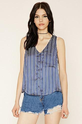 Forever21 Women's  Navy & White Striped Satin Tulip-back Tank