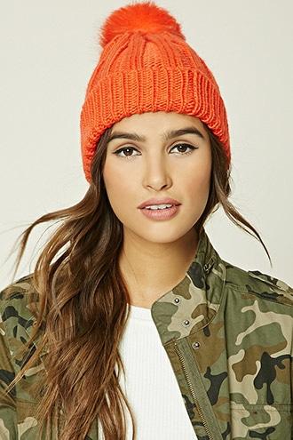 Forever21 Women's Orange Faux Fur Pom-pom Beanie