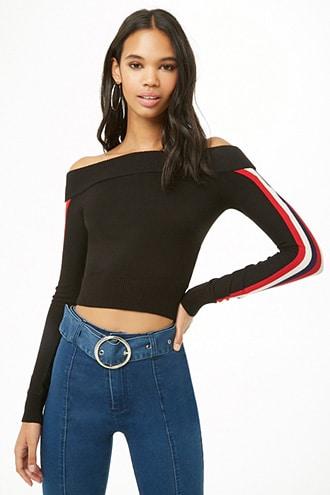 Forever21 Off-the-shoulder Side-striped Sweater