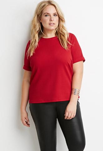 Forever21 Plus Textured Cuffed-sleeve Top