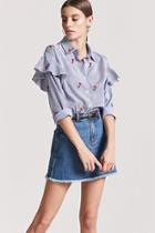 Forever21 Embroidered Flounce-trim Pinstripe Shirt