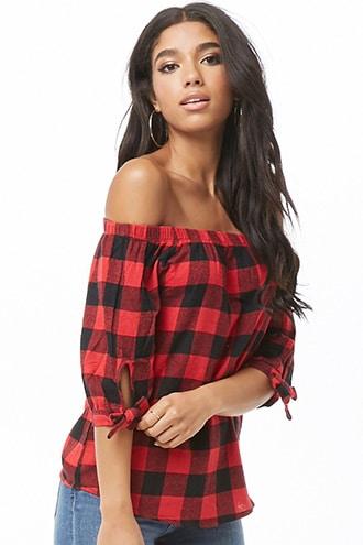 Forever21 Buffalo Plaid Off-the-shoulder Top