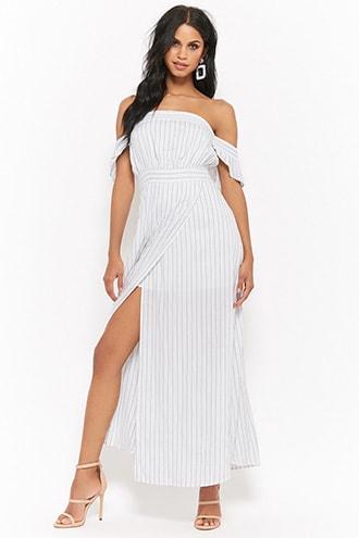 Forever21 Off-the-shoulder Pinstriped Maxi Dress
