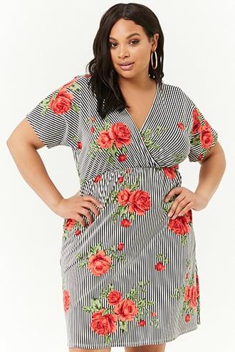 Forever21 Plus Size Rose Print Striped Surplice Dress