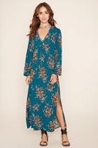 Forever21 Women's  Teal & Mustard Floral Print Maxi Dress