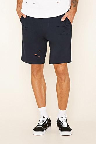 21 Men Men's  Navy Distressed Drawstring Shorts