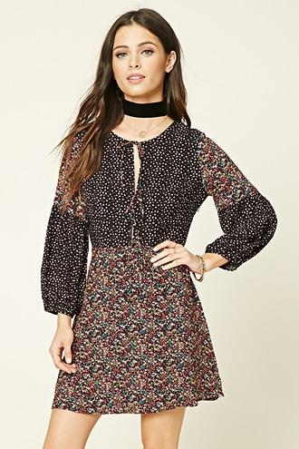 Forever21 Women's  Black & Coral Fit And Flare Patchwork Dress