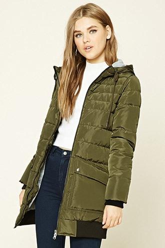 Forever21 Women's  Olive Longline Hooded Puffer Jacket