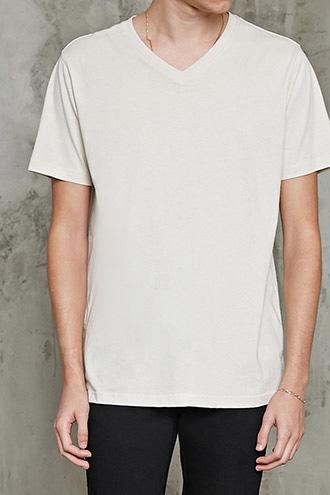 21 Men Men's  Cream Cotton V-neck Tee