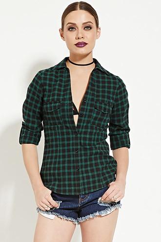 Forever21 Women's Green Plaid Cotton Shirt