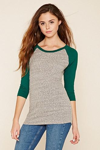 Forever21 Women's  Heather Grey & Green Slub Knit Baseball Tee