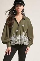 Forever21 Embroidered Balloon-sleeve Shirt