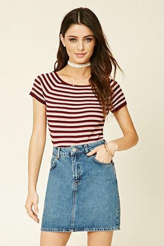 Forever21 Women's  Brick & Light Pink Stripe Boat-neck Top