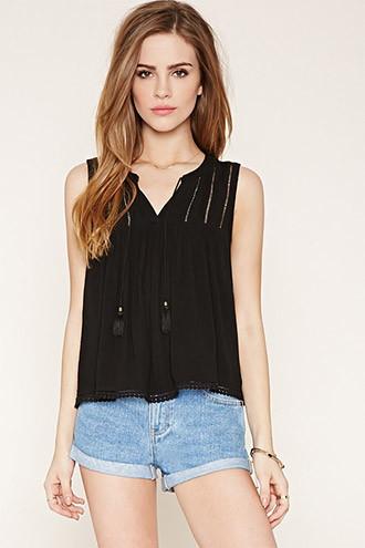 Forever21 Women's  Black Crocheted Split-neck Top