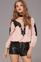 Forever21 Women's  Dusty Pink & Black Silk Lace-up Floral Lace Top