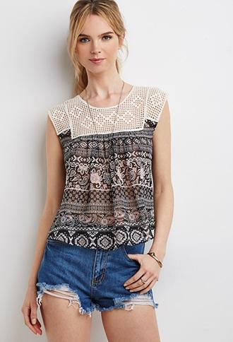 Forever21 Grid Crochet-paneled Paisley Top