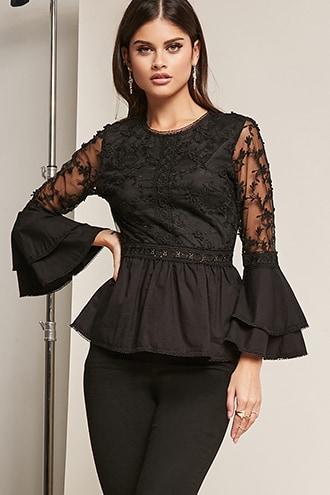 Forever21 Embroidered Trumpet-sleeve Top
