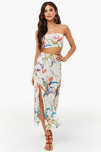 Forever21 Tropical Leaf Print Tube Top & Skirt Set