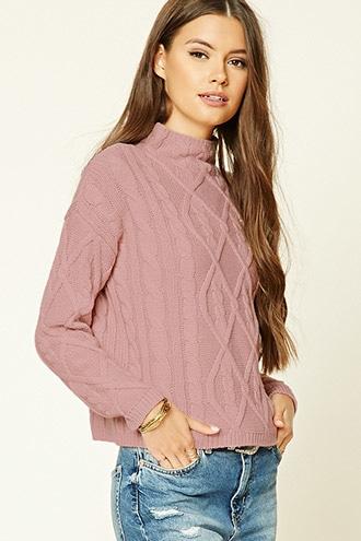 Forever21 Women's  Dusty Pink Mock Neck Cable Knit Sweater