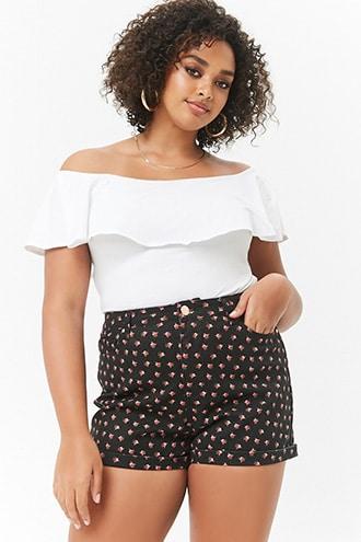 Forever21 Plus Size Rose Print Denim Shorts