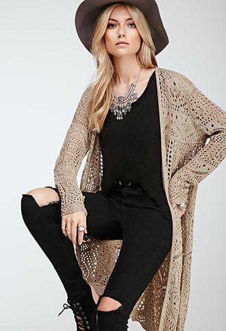Forever21 Longline Crochet Cardigan Taupe Small