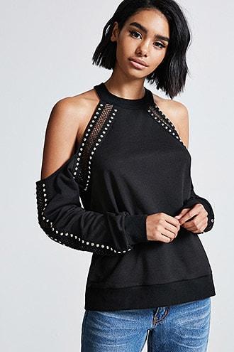 Forever21 Studded Open-shoulder Sweatshirt