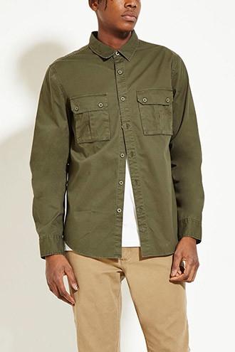 21 Men Men's  Olive Cotton Flap-pocket Shirt
