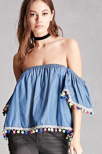 Forever21 Off-the-shoulder Pom Pom Top