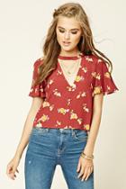 Forever21 Women's  Brick & Mustard Floral Print Cutout Top