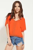 Forever21 Women's  Orange Crocheted V-cut Top
