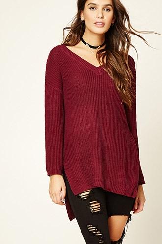 Forever21 Women's  Burgundy Ribbed V-neck Sweater