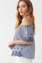 Forever21 Striped Embroidered Off-the-shoulder Top