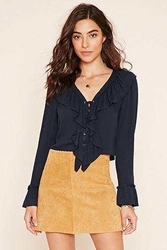 Forever21 Women's  Peacock Ruffled Lace-up Top