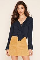 Forever21 Women's  Peacock Ruffled Lace-up Top